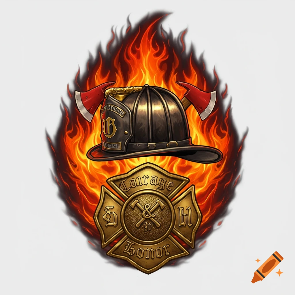 A firefighter helmet with two axes crossed behind it, enveloped by flames, sits above a golden Maltese cross emblem with "COURAGE" and "HONOR" text.