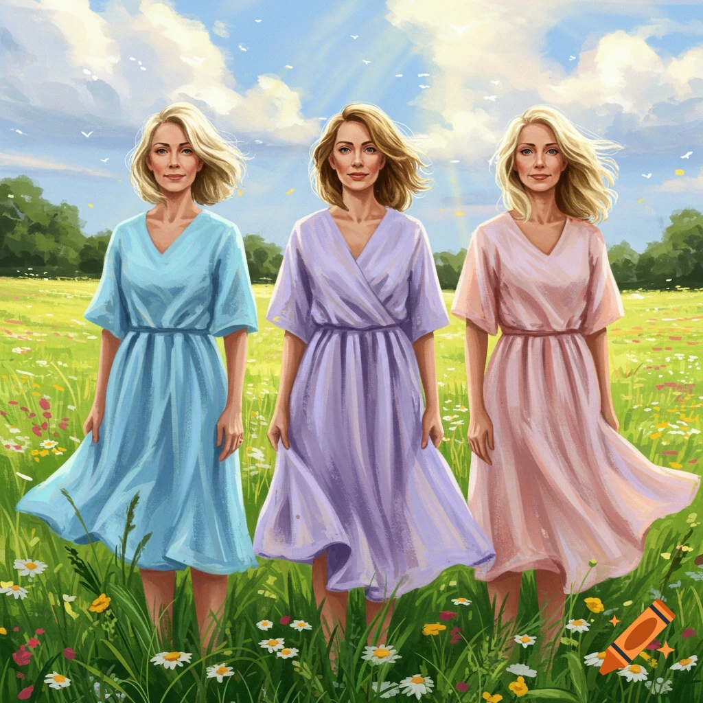 Three women in pastel dresses stand in a sunny, wildflower-filled meadow, painted in an illustrative style.