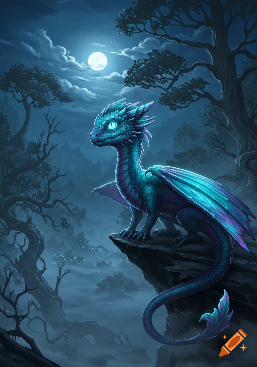 A small, turquoise and purple dragon with glowing eyes perched on a rock cliff in a misty, moonlit forest at night.