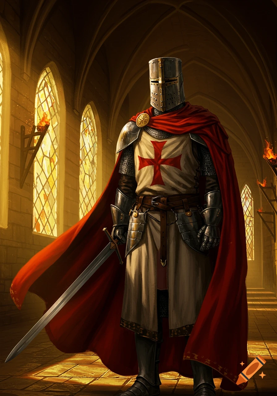 A Crusader Knight in full armor with a red cape and sword stands in a grand hall with arched windows, digital art.
