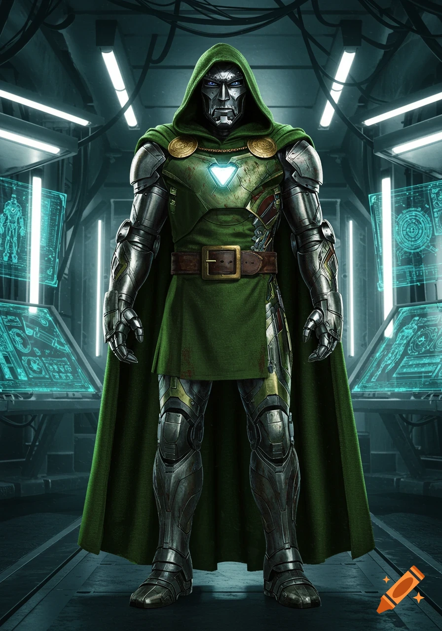 Doctor Doom stands in a futuristic, high-tech lab, wearing his iconic green cape and detailed metallic armor, with glowing blue screens in the background.