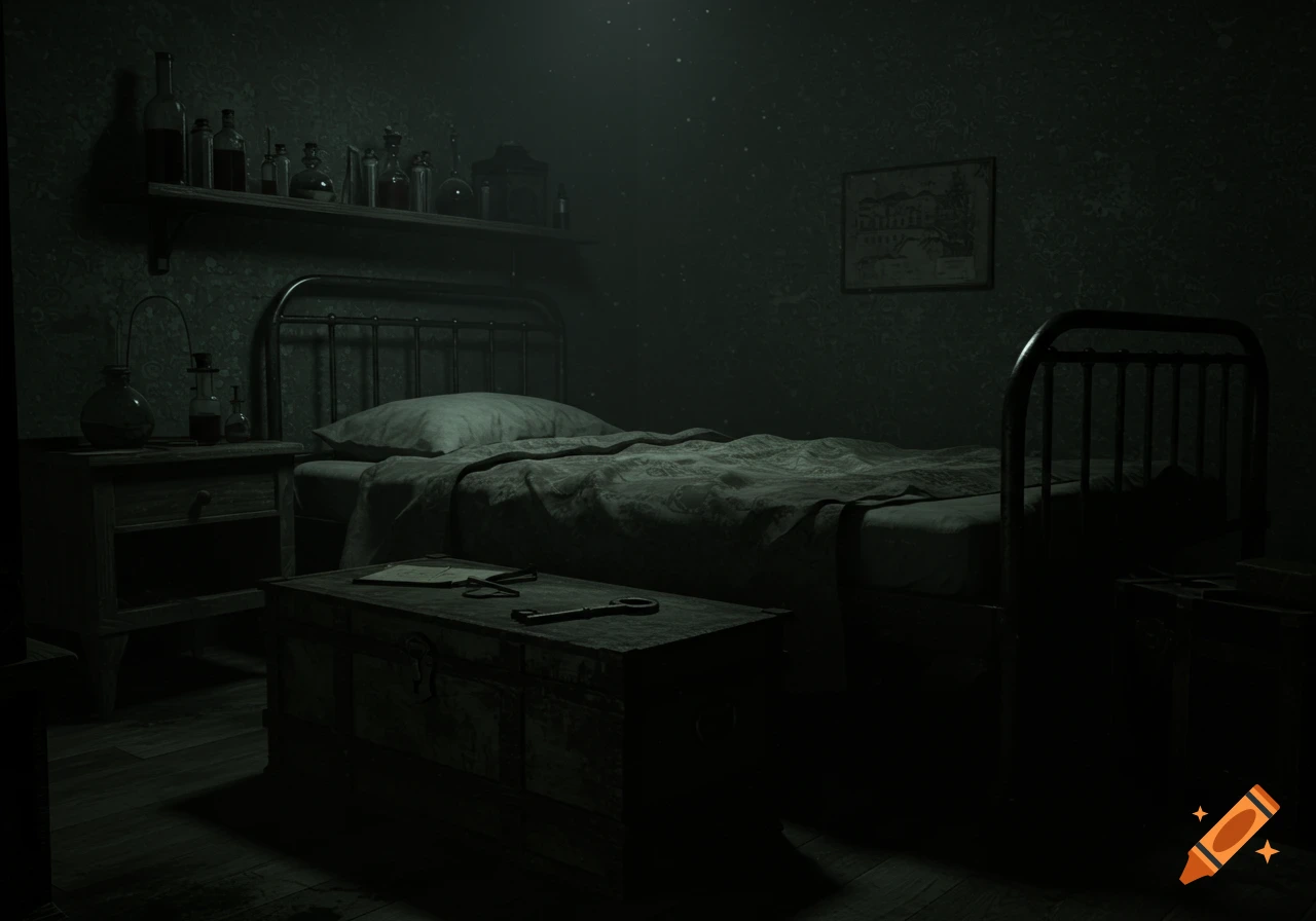 A dark, unmade bedroom with an antique metal bed frame, a chest, a nightstand, and bottles on a shelf.