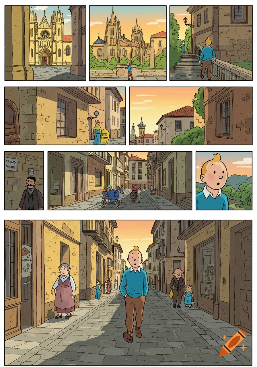 A multi-panel comic strip in Tintin's style, showing Tintin exploring the historic city of Oviedo with its cathedral and narrow streets.