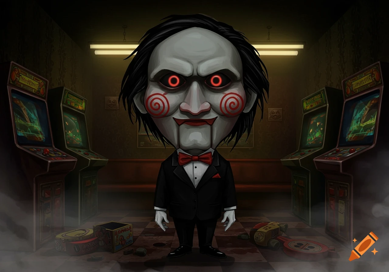 A cartoonish caricature of the Jigsaw puppet stands in a dark, smoky vintage arcade with old gaming machines.