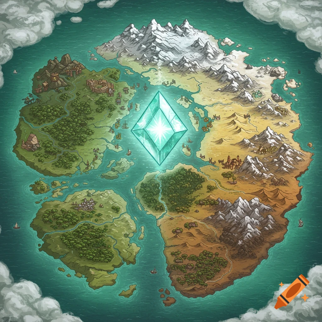A top-down view of a circular fantasy map with diverse terrains, surrounded by clouds, featuring a glowing teal gem at its center.