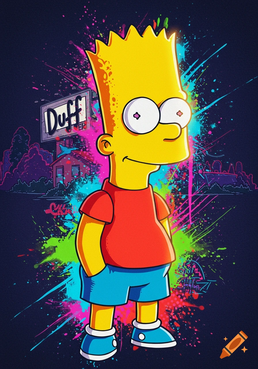 Bart Simpson stands smiling against a dark background with neon paint splatters and a "Duff" billboard, in a vibrant cartoon style.