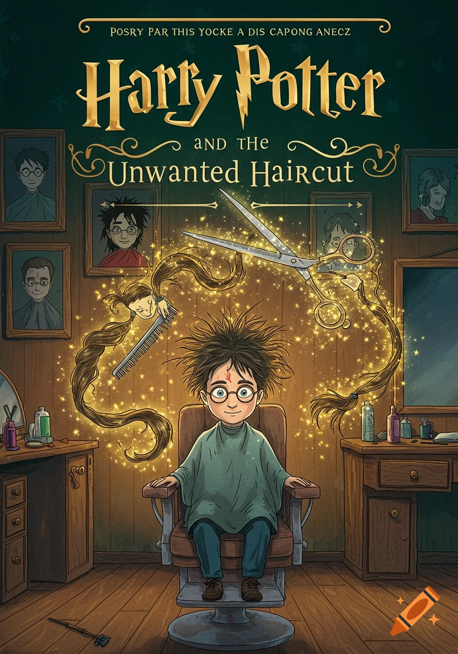 A whimsical book cover illustration for "Harry Potter and the Unwanted Haircut." Young Harry, with incredibly messy hair and his lightning scar, sits in a barber's chair as magical golden sparks fly around him, shaping his hair with floating scissors and a comb.