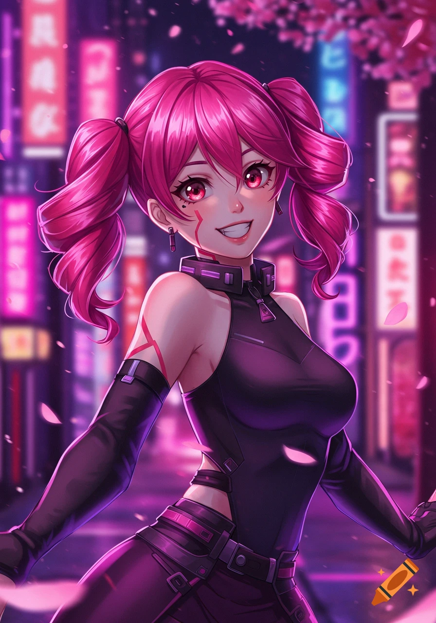 Anime girl with pink pigtails, red eyes, and a dark futuristic outfit smiles in a neon-lit cyberpunk city at night.