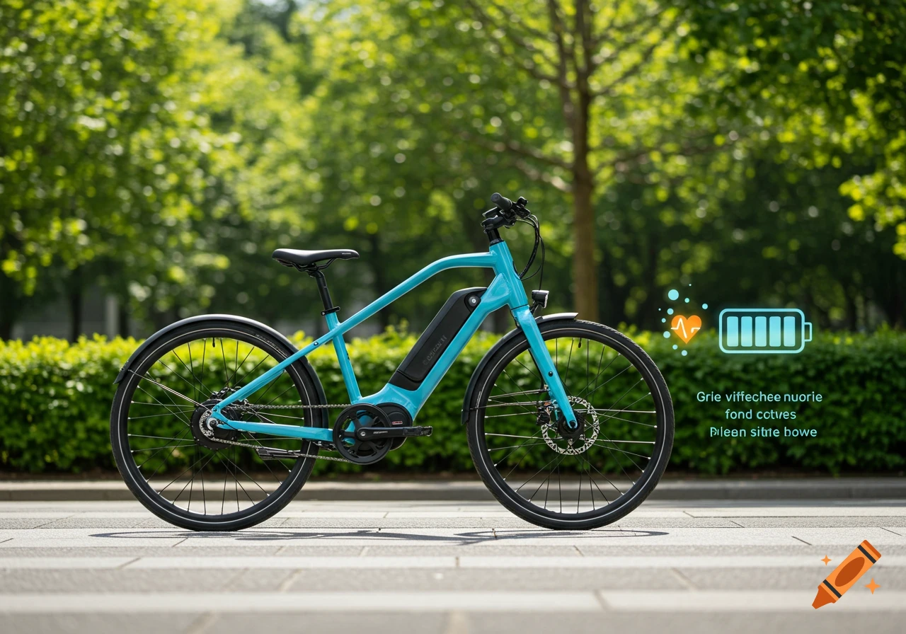 A turquoise electric bicycle stands on a paved path in a park, with green trees in the background. Digital icons for a heart rate and a full battery are shown floating next to the bike.