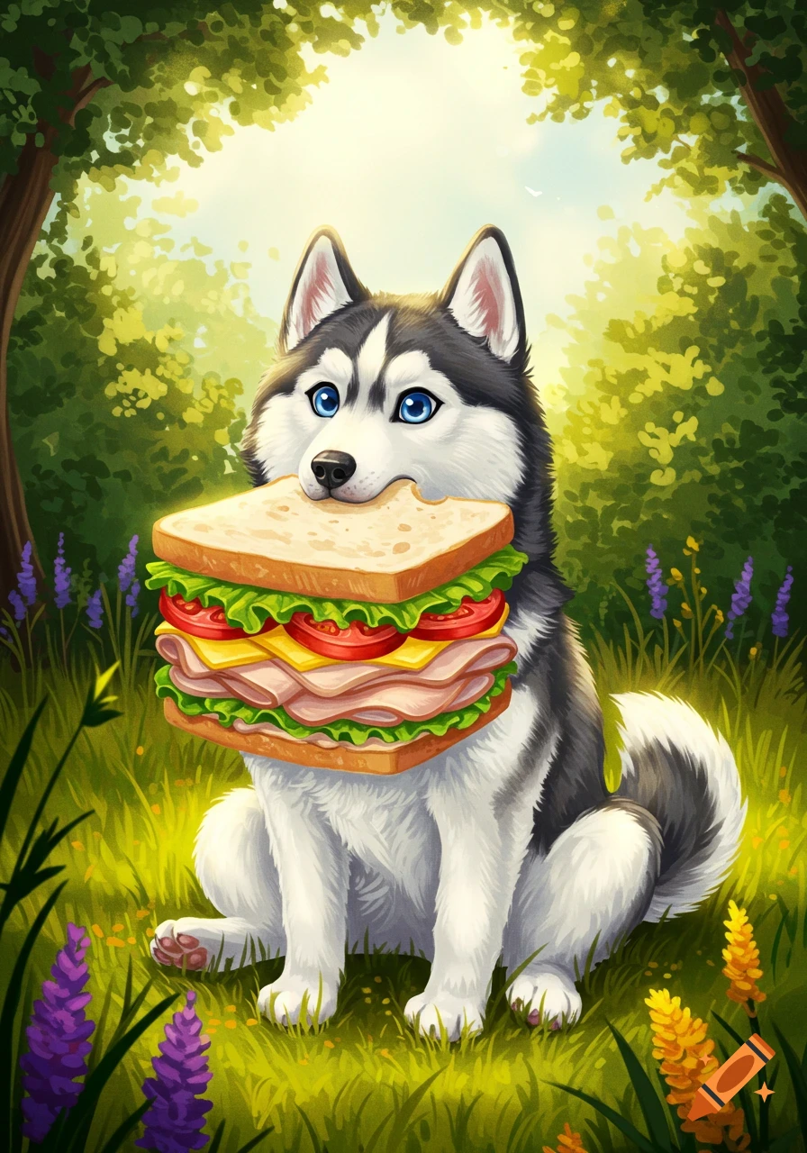 A cartoon husky with blue eyes sits in a sunny forest clearing, holding a large, layered sandwich in its mouth.