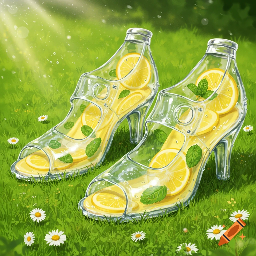 Two clear glass bottle-shaped high heels filled with lemon slices and mint, sitting on green grass with daisies.