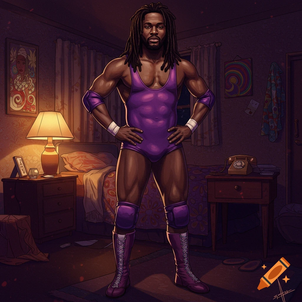 A Black man with dreadlocks in a purple wrestling leotard, elbow pads, knee pads, and boots stands with hands on hips in a 1960s bedroom at night, in an illustrative style.