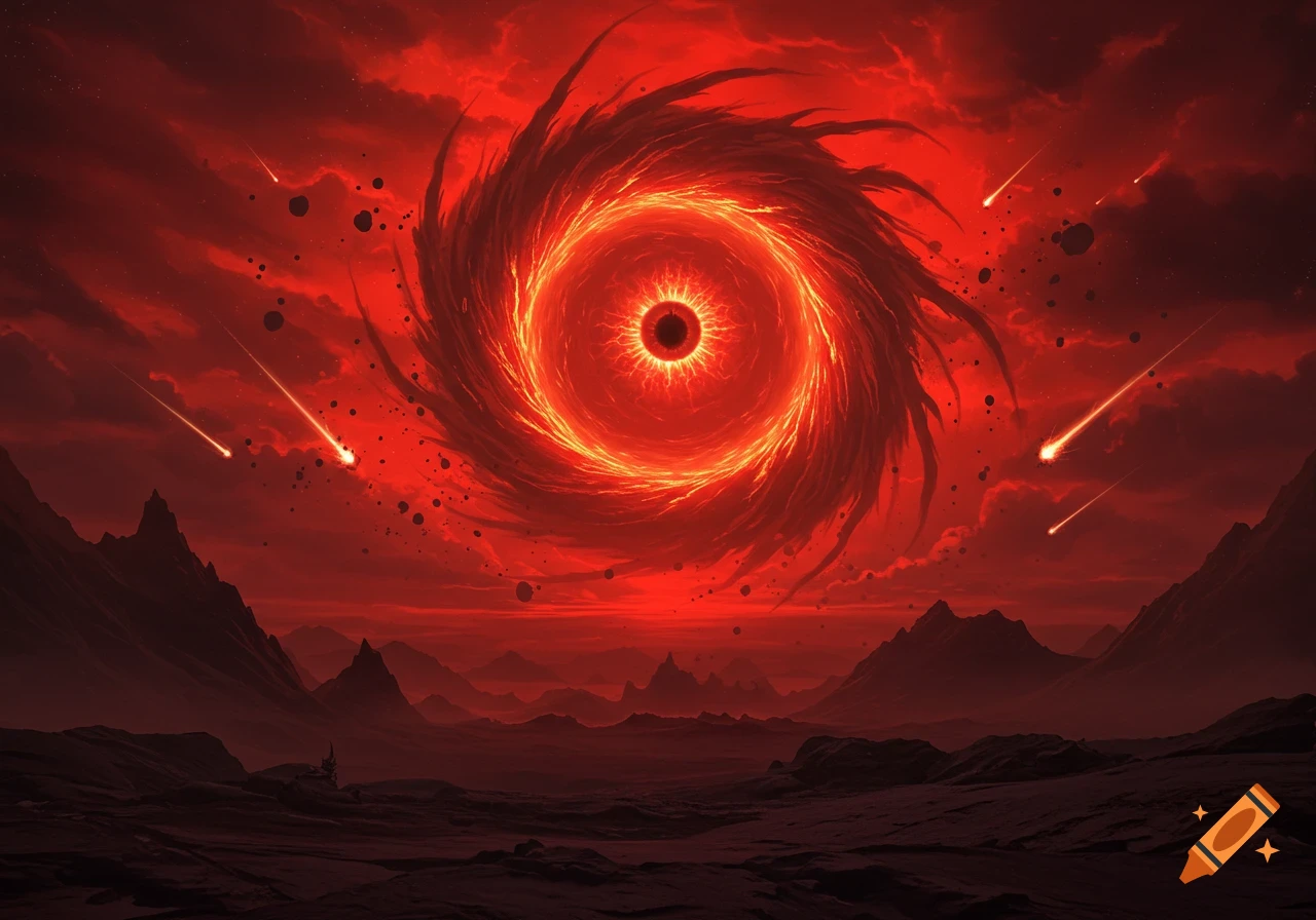 A colossal red and black swirling vortex, like an eye, dominates a dark, mountainous landscape under a stormy red sky with meteors.