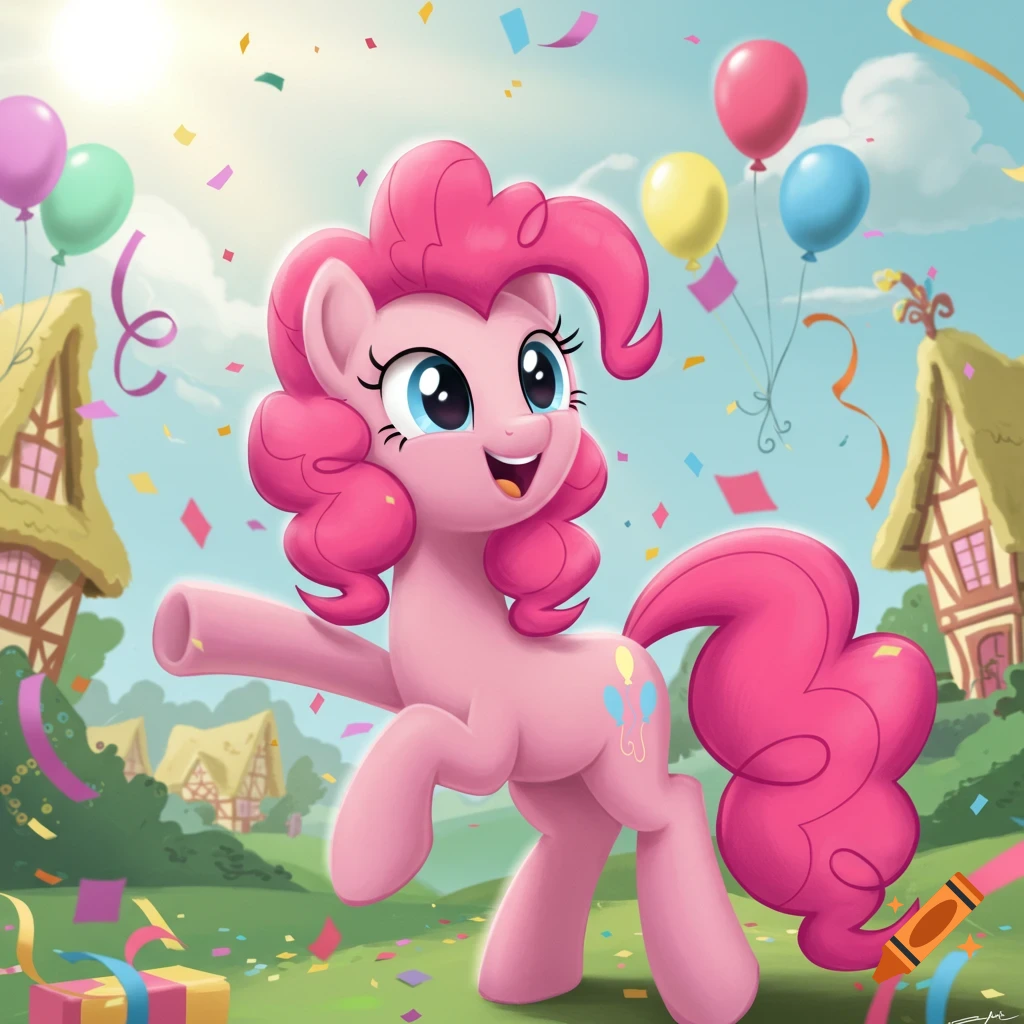 Pinkie Pie, a pink pony, smiling happily in a celebratory outdoor scene with confetti, balloons, and cartoon houses.