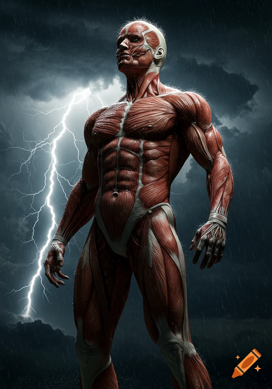 A detailed, full-body anatomical figure showing red muscles and white tendons, standing powerfully under a stormy sky with lightning.