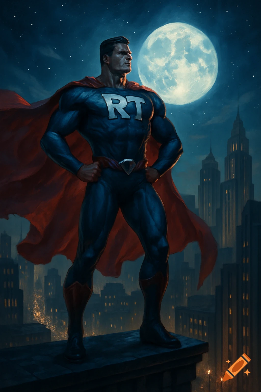 A muscular superhero with an 'RT' logo on his chest and a red cape stands on a city rooftop at night, a large full moon behind him. Comic art style.