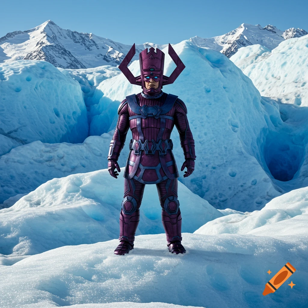 Photorealistic image of Galactus standing on a glacier with snowy mountains in the background.