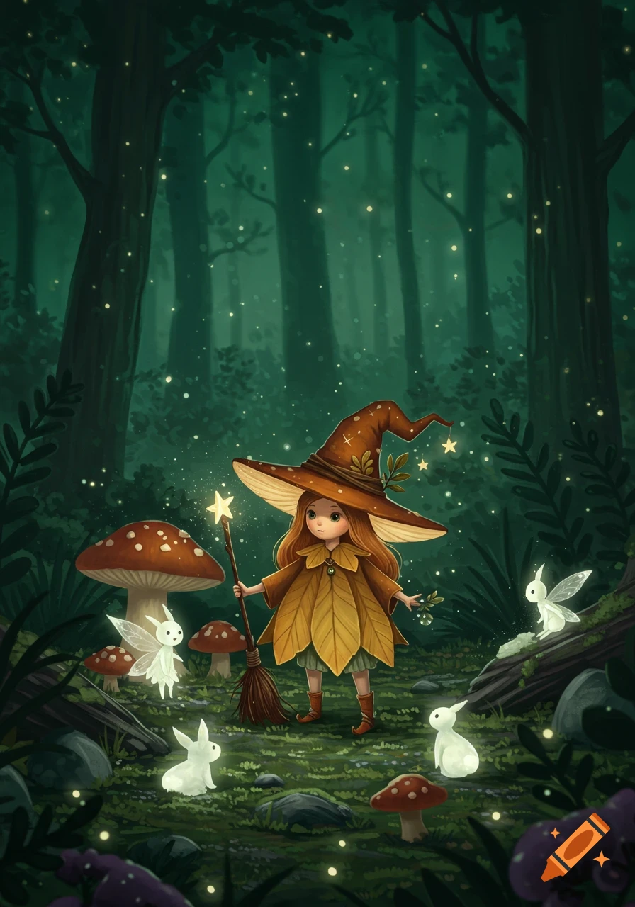 A tiny witch with a mushroom hat and broom holds a glowing star wand in a magical, dark forest with glowing fairies and bunnies.
