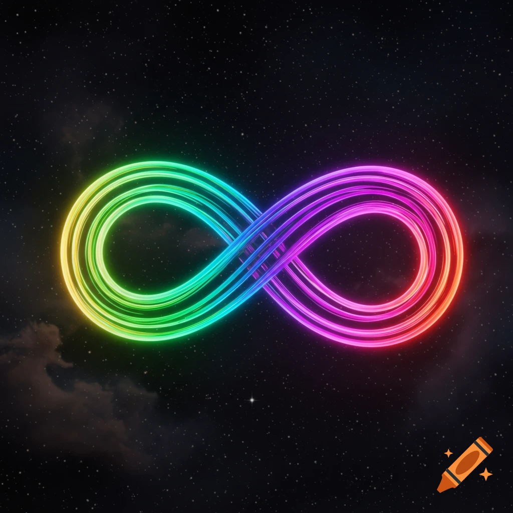 A vibrant rainbow-colored neon infinity sign floats in a starry cosmic space.