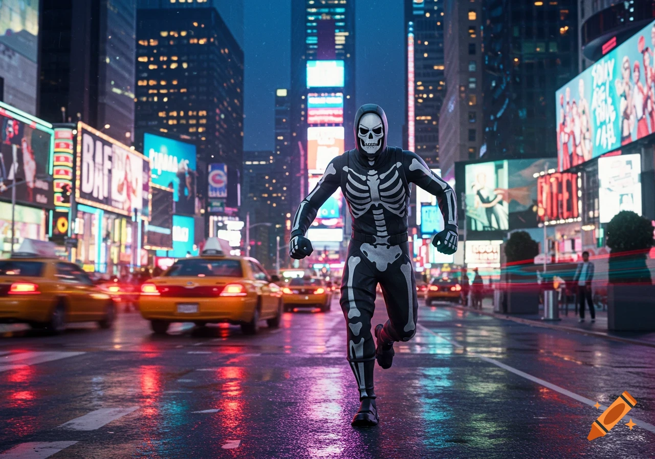 A photorealistic Fortnite Skull Trooper runs on a wet city street at night, surrounded by glowing billboards and yellow taxis.
