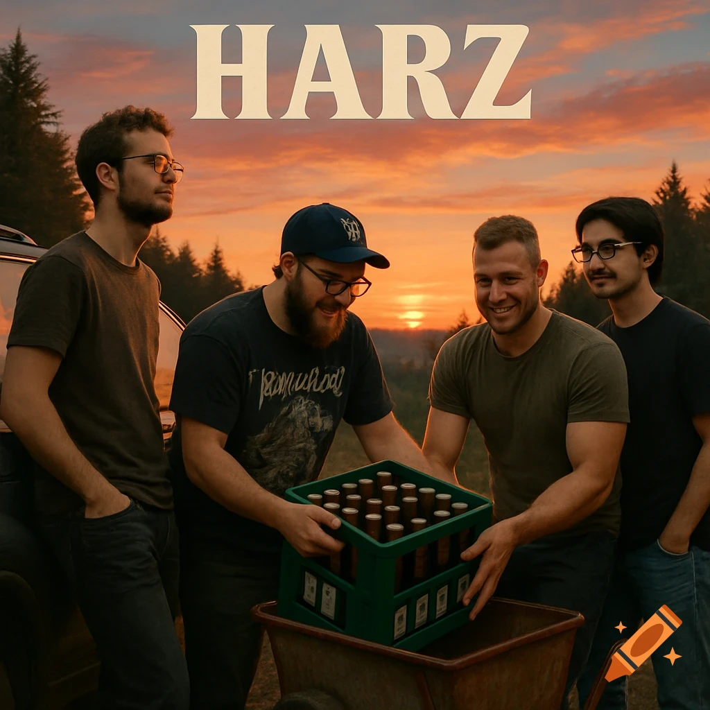 Four friends at sunset in a forest, loading a crate of beer bottles from a car into a wheelbarrow.
