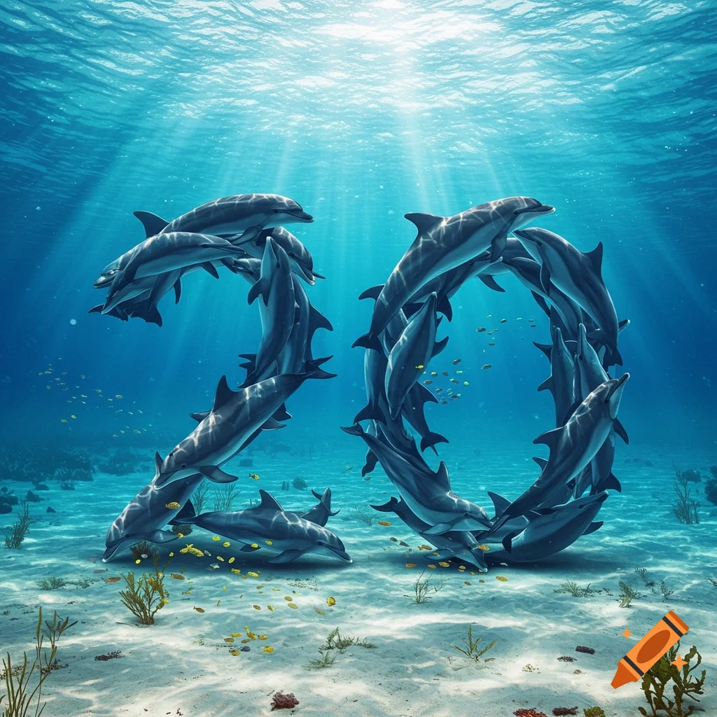 Photorealistic dolphins swim underwater, forming the number 20 amidst sun rays and small fish over a sandy seabed.
