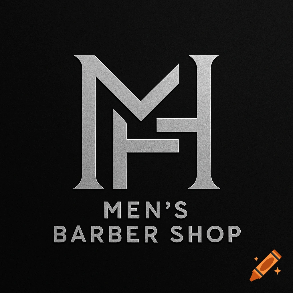 A minimalist silver logo with interlocked letters MH and the text 'MEN'S BARBER SHOP' on a dark textured background.