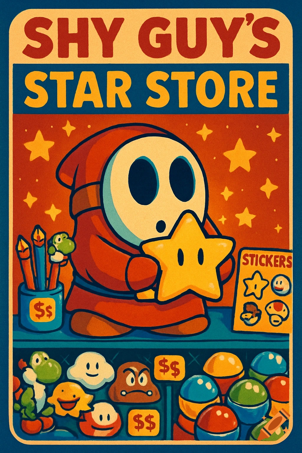 Retro-style poster featuring a Shy Guy holding a star in his 'Star Store' with various Mario character prizes and stickers.