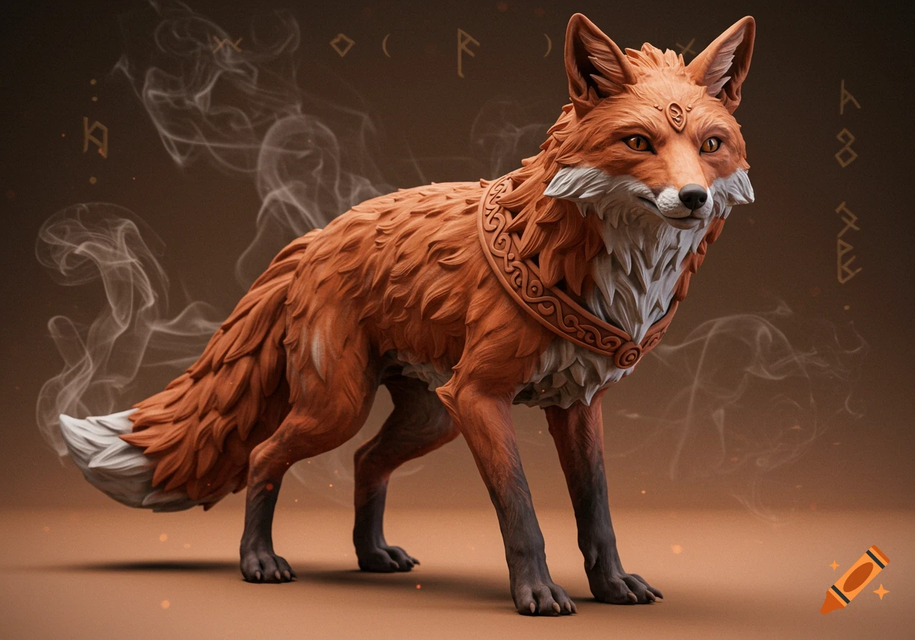 A highly detailed, stylized fox sculpture made of terracotta with an ornate collar, standing against a smoky background with runic symbols.