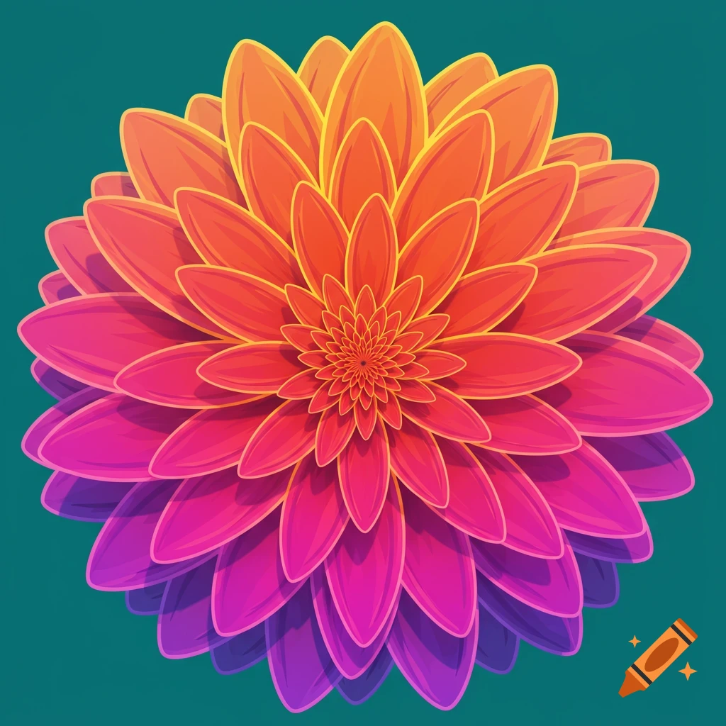 A vibrant, symmetrical vector art flower with petals gradient from orange to pink to purple, set against a teal background.