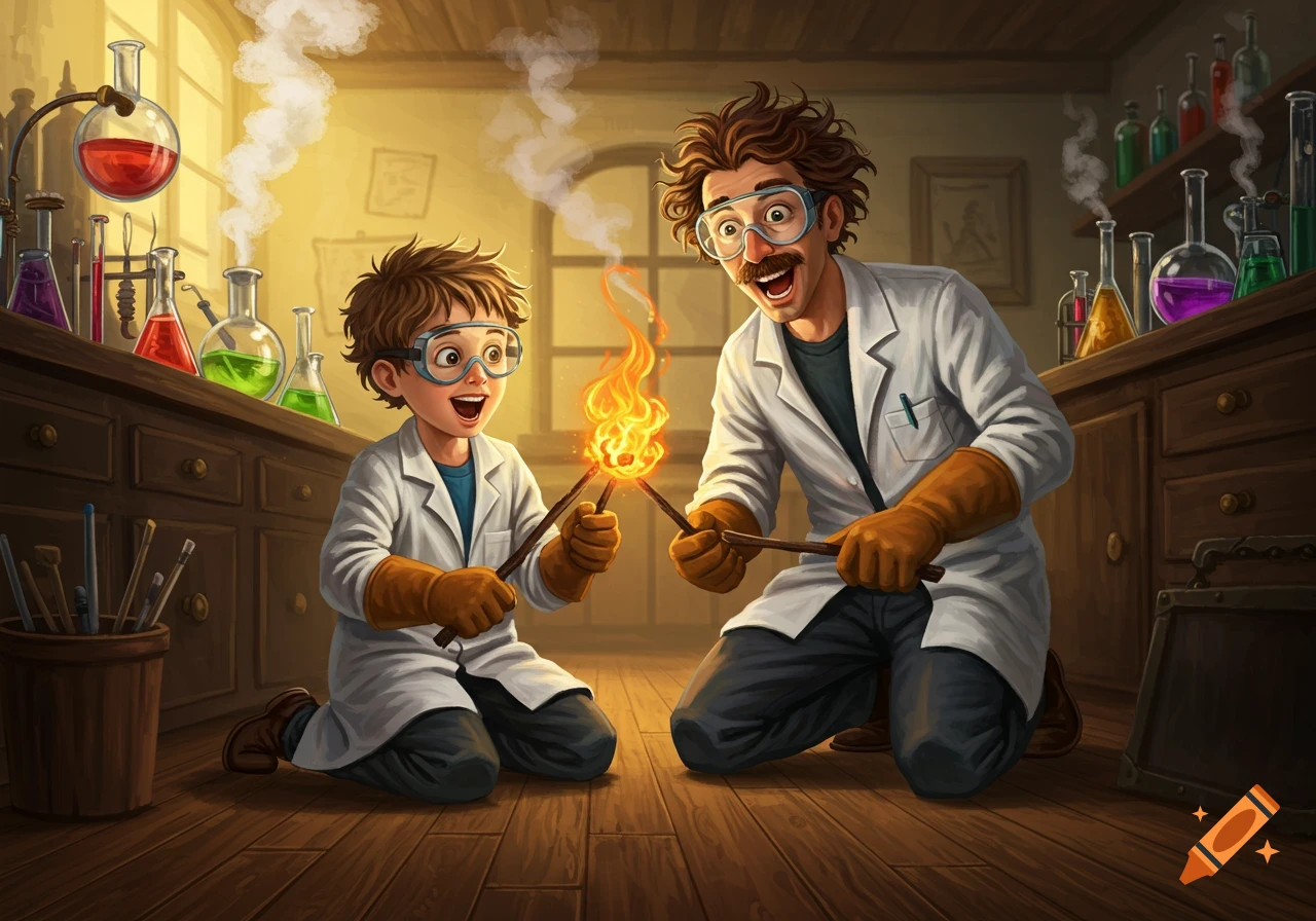 A father and son, both wearing lab coats, goggles, and gloves, kneel on a wooden floor in a lab, excitedly making fire by rubbing sticks together.