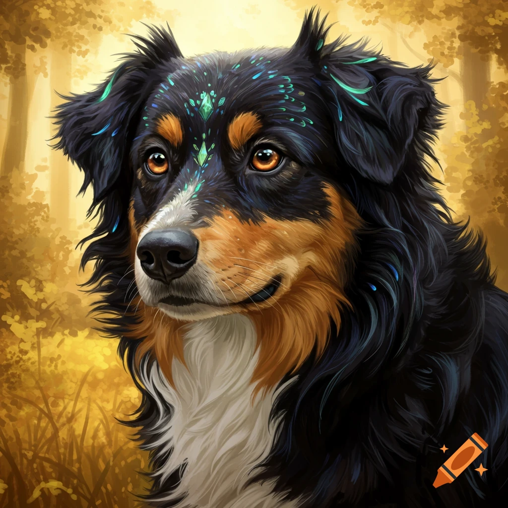 Digital painting of a black, brown, and white Australian Shepherd dog with luminous patterned fur and amber eyes in a golden forest.
