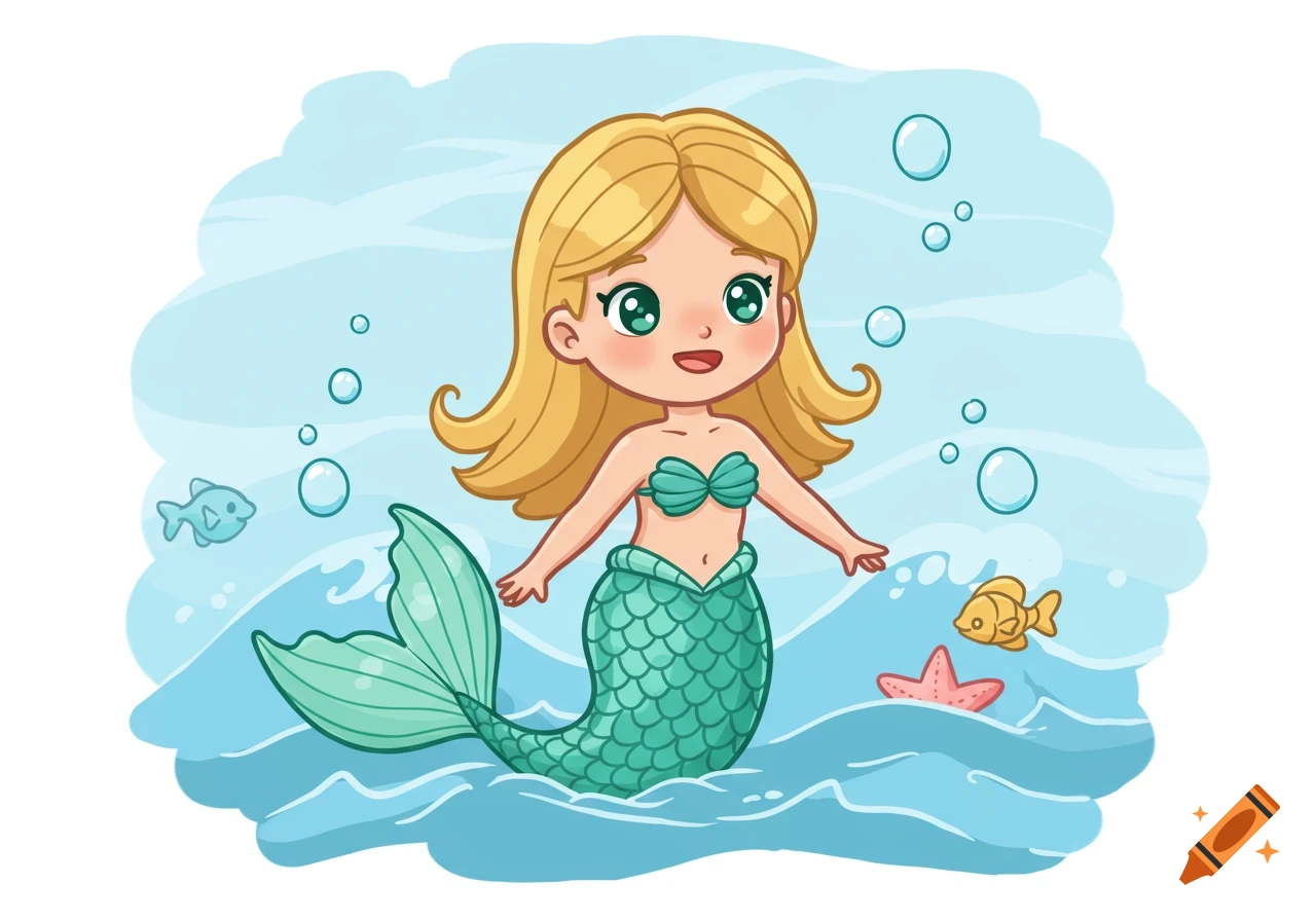 A cute cartoon mermaid with blonde hair and a green tail smiles in blue water with bubbles, fish, and a starfish.