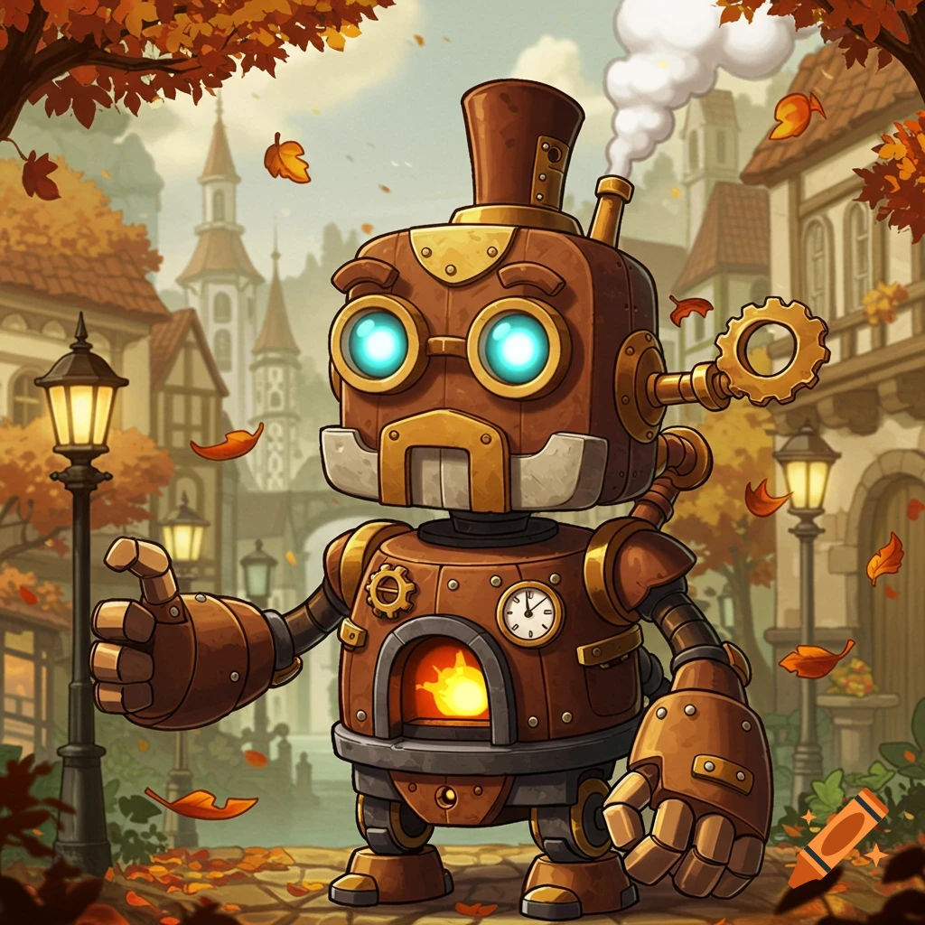 A cute steampunk robot with glowing blue eyes and a stove belly stands in an autumn village, giving a thumbs up in a cartoon style.