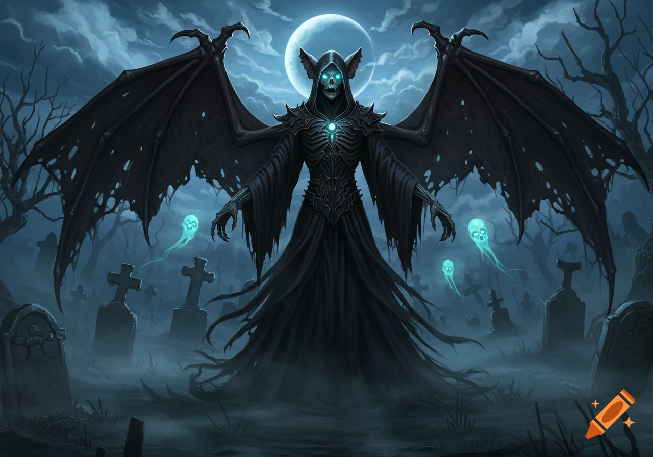Fantasy art of a bat-winged grim reaper in a black cloak standing in a misty graveyard under a full moon with glowing ghosts.