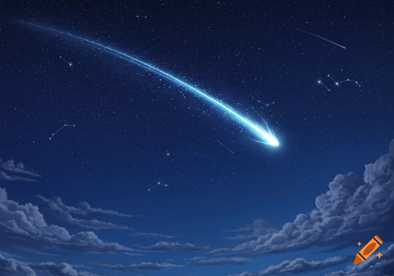 A luminous blue shooting star with a bright tail streaks across a dark starry night sky with white clouds below.