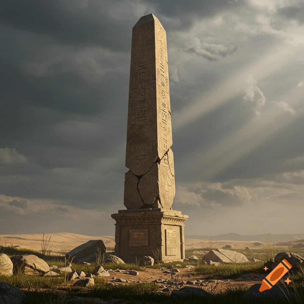 A crumbling ancient obelisk stands in a vast, desolate desert landscape under dramatic, cloudy skies with sun rays.