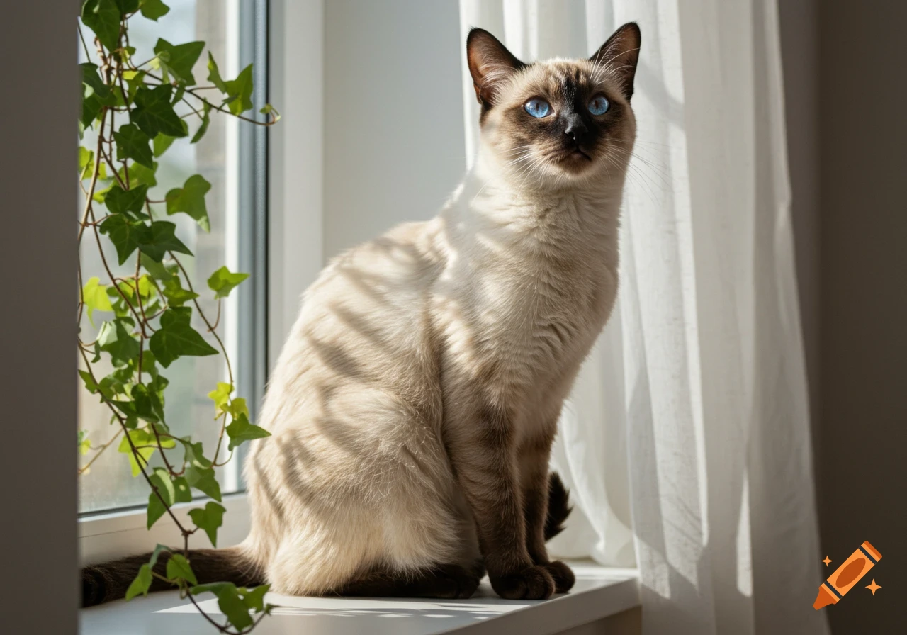 A photorealistic Siamese cat with bright blue eyes sits on a sunlit windowsill next to an ivy plant.
