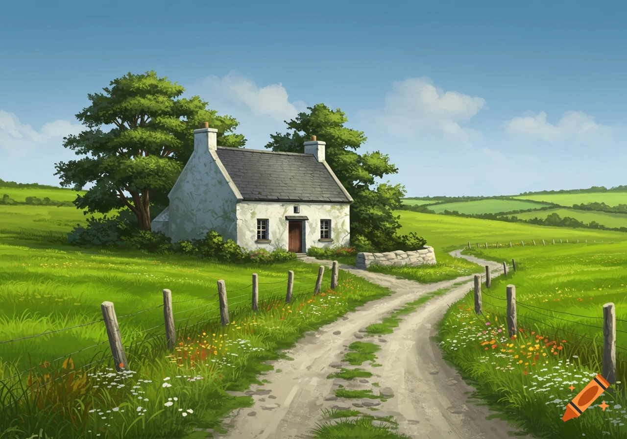 An illustration of a charming white cottage with a slate roof in a green field, at the end of a dirt road under a clear blue sky.