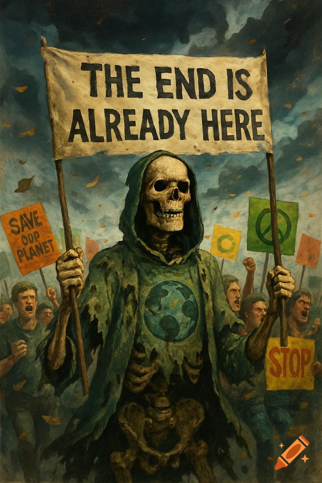 An oil painting depicts a skeleton in a green hooded cloak with an Earth symbol, holding a banner reading "THE END IS ALREADY HERE". A riot of angry human climate activists is in the background.
