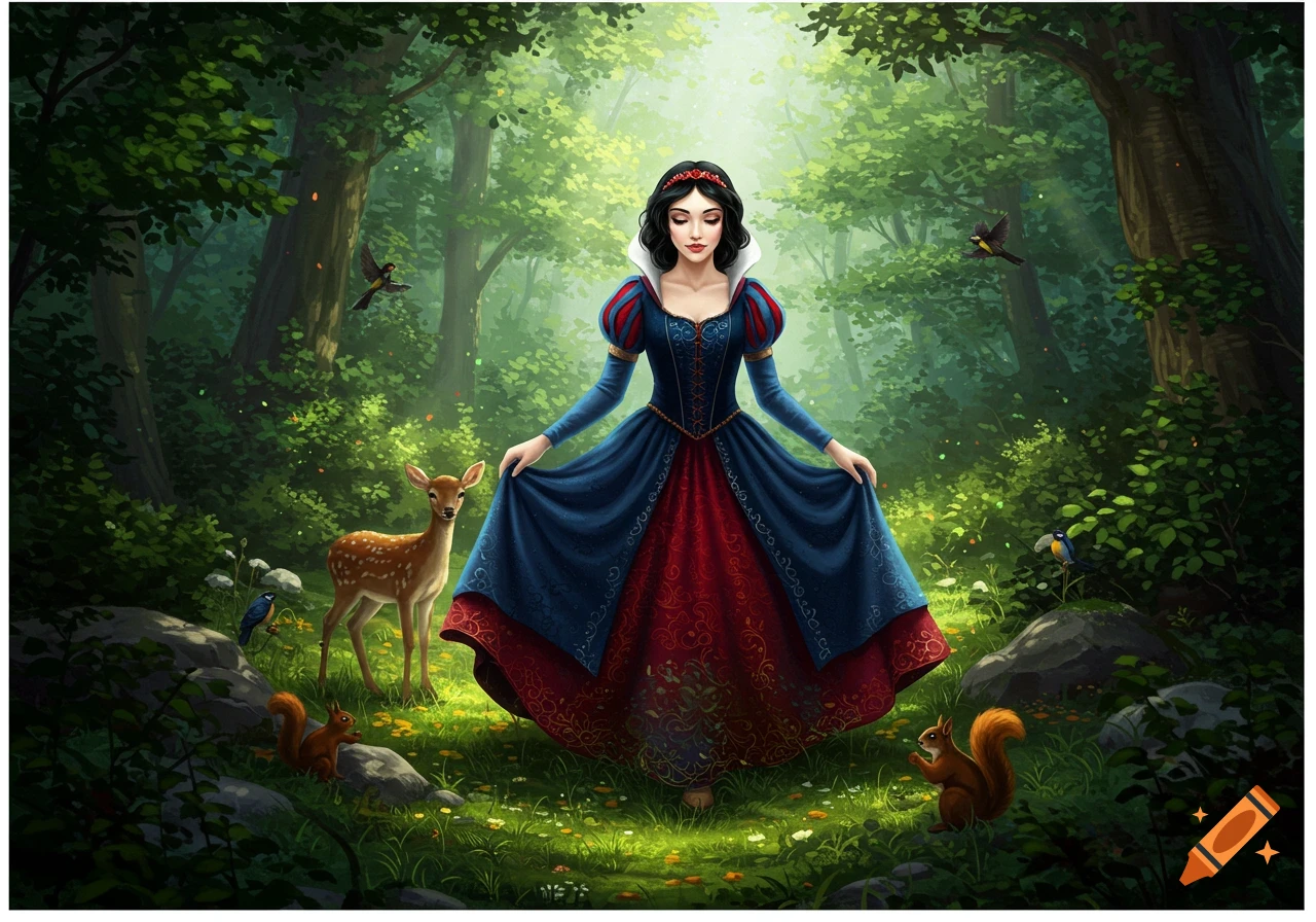 An illustrated Snow White in a blue and red dress stands in a sunlit forest clearing, surrounded by a fawn, squirrels, and birds.