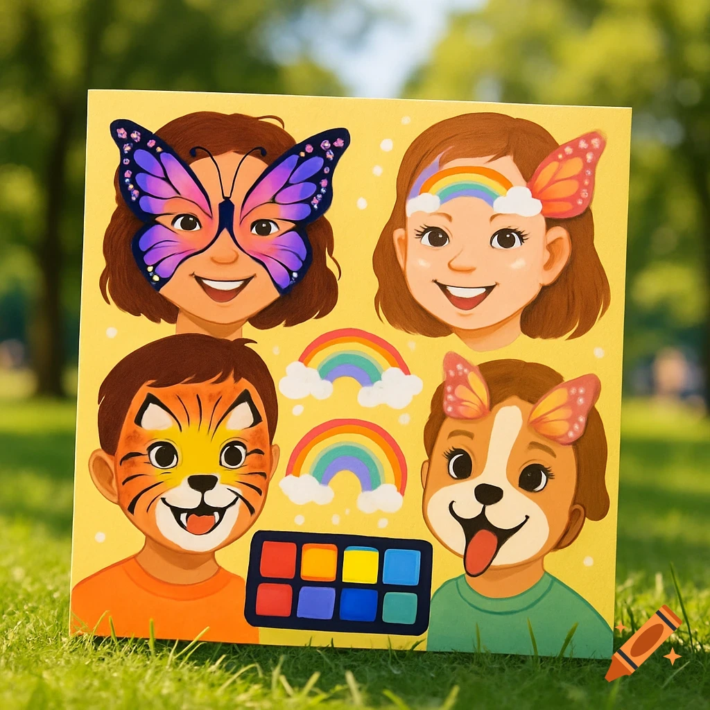 An illustration of a face paint template for kids, featuring cartoon faces with butterfly, rainbow, tiger, and puppy designs, alongside a paint palette.