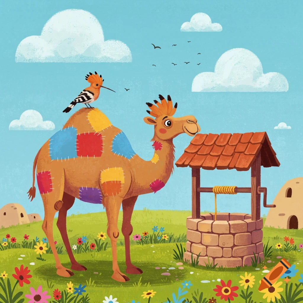 Cartoon camel with colorful patches and a hoopoe bird on its back next to a stone well in a field of flowers.