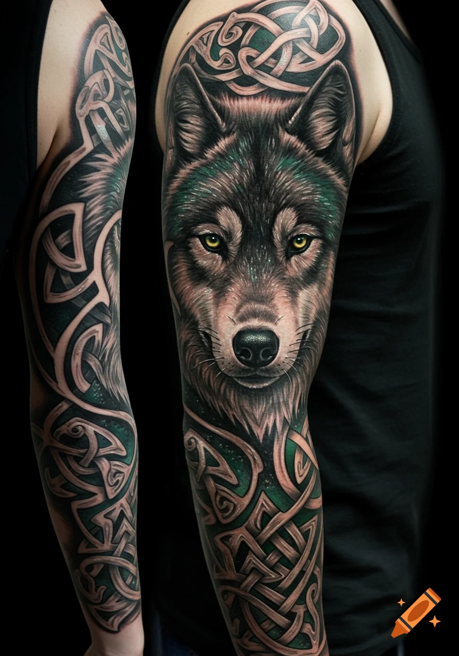 Photorealistic sleeve tattoo featuring a wolf's head with green eyes, intricately intertwined with Celtic knot patterns.