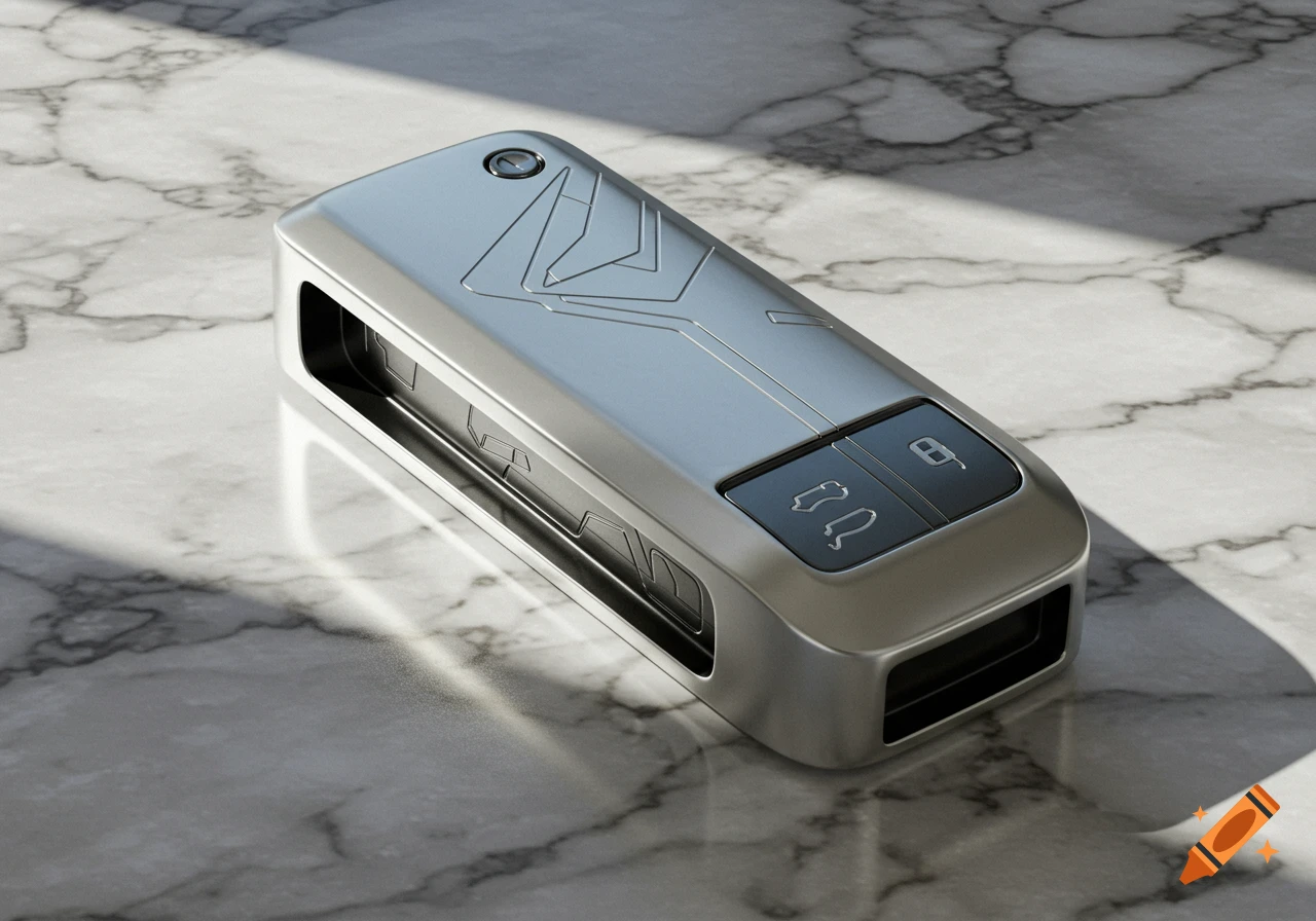 A sleek, silver car key holder with abstract etchings and two icon buttons rests on a polished marble surface, lit by sunlight.