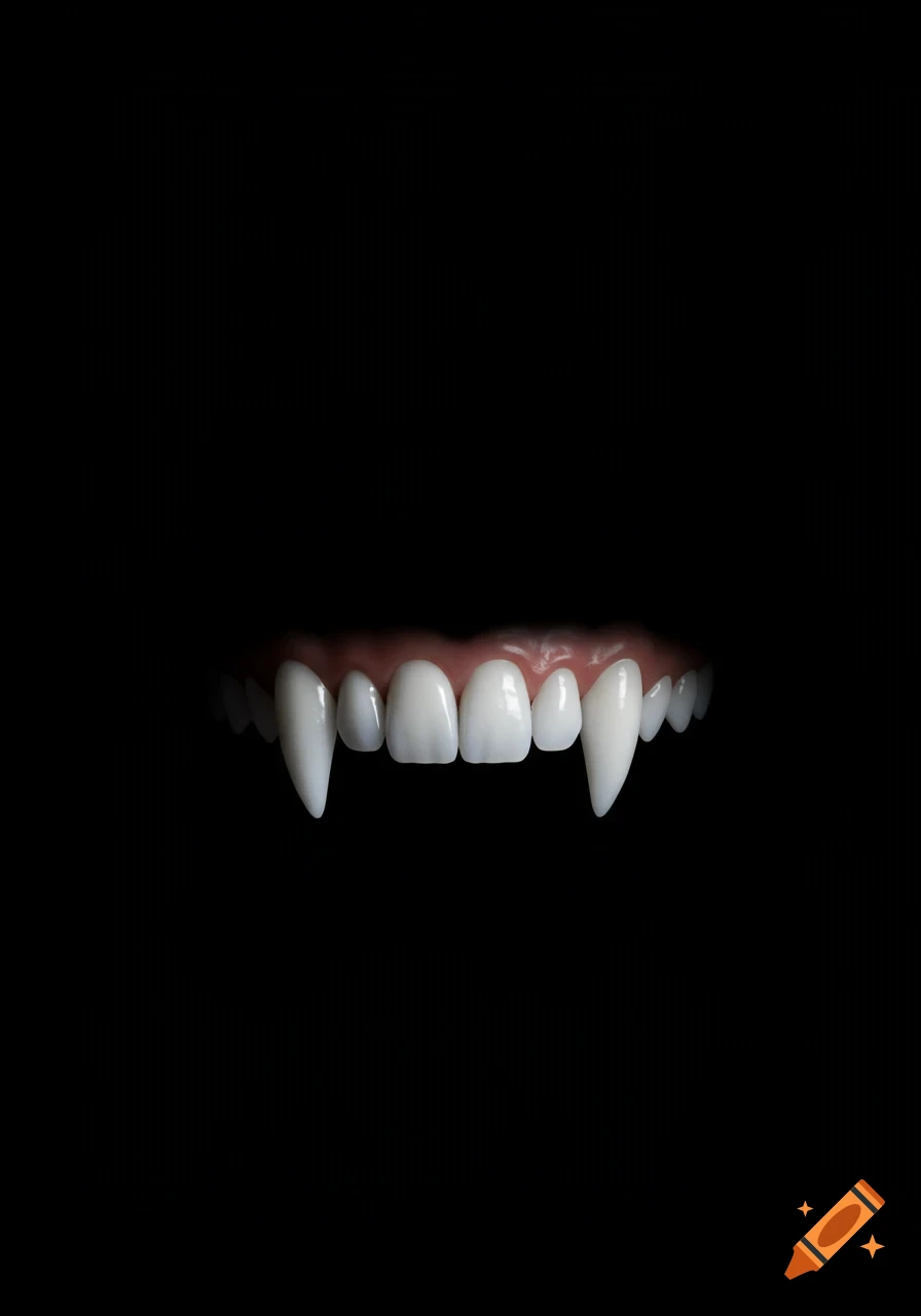 Close-up of realistic white vampire fangs and teeth on a black background.