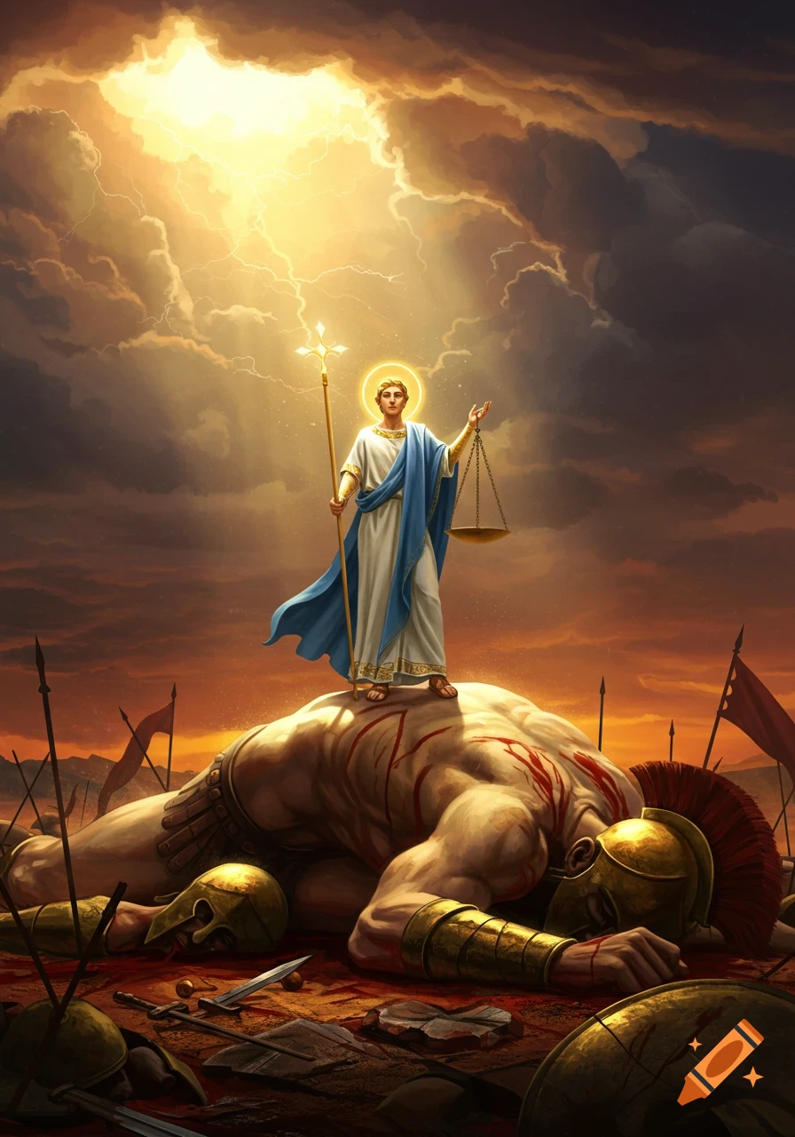 A triumphant saint in robes stands on a defeated, bleeding giant Spartan warrior, holding a staff and scales, under a dramatic, light-filled sky in a fantasy art style.