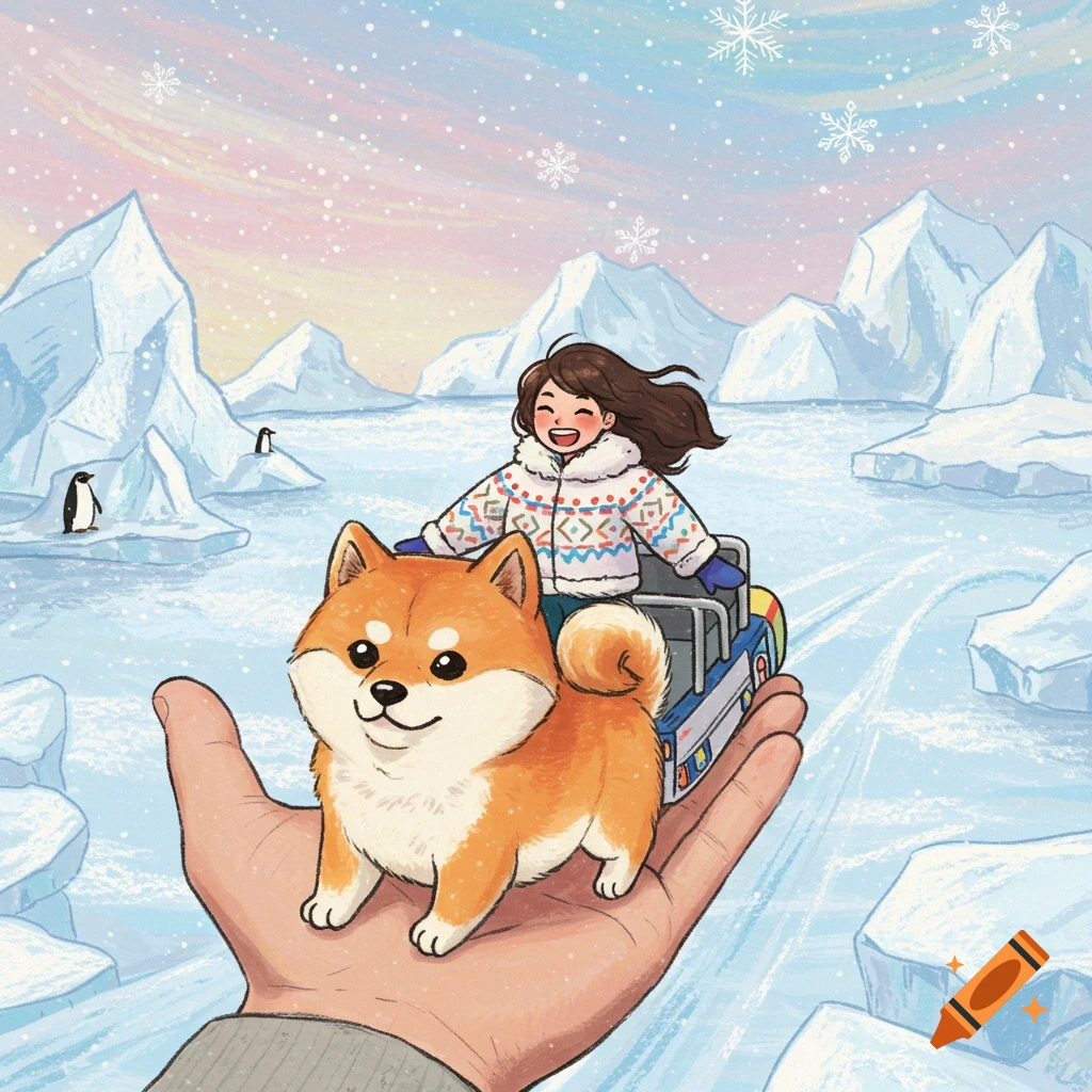 A cute shiba dog stands on a giant hand, with a happy girl in a people mover in the background, traveling through a snowy arctic landscape with icebergs and penguins.