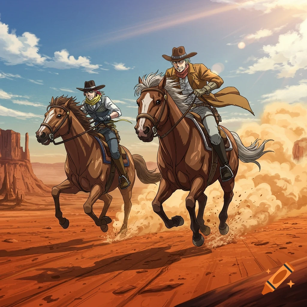 Two anime cowboys gallop on horseback through a dusty desert landscape with mesas in the background.