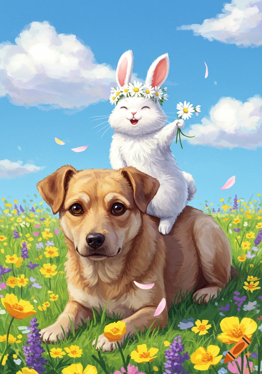 A happy white rabbit wearing a daisy crown sits on the back of a brown dog in a vibrant field of colorful spring flowers under a blue sky.
